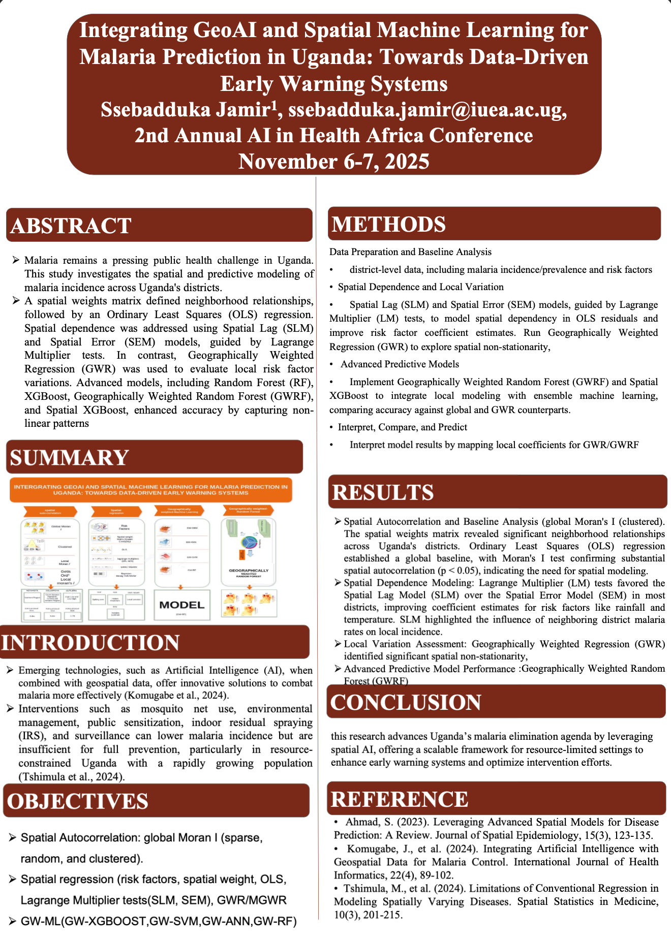 Poster preview for Integrating GeoAI and Spatial Machine Learning for Malaria Prediction in Uganda: Towards Data-Driven Early Warning Systems