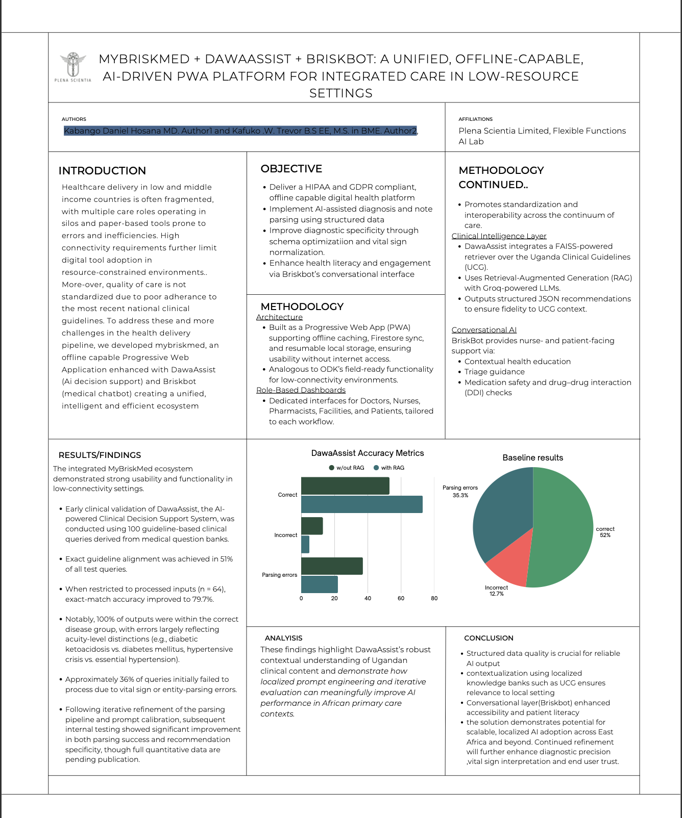Poster preview for MYBRISKMED + DAWAASSIST + BRISKBOT: A UNIFIED, OFFLINE‑CAPABLE, AI‑DRIVEN PWA PLATFORM FOR INTEGRATED CARE IN LOW‑RESOURCE SETTINGS