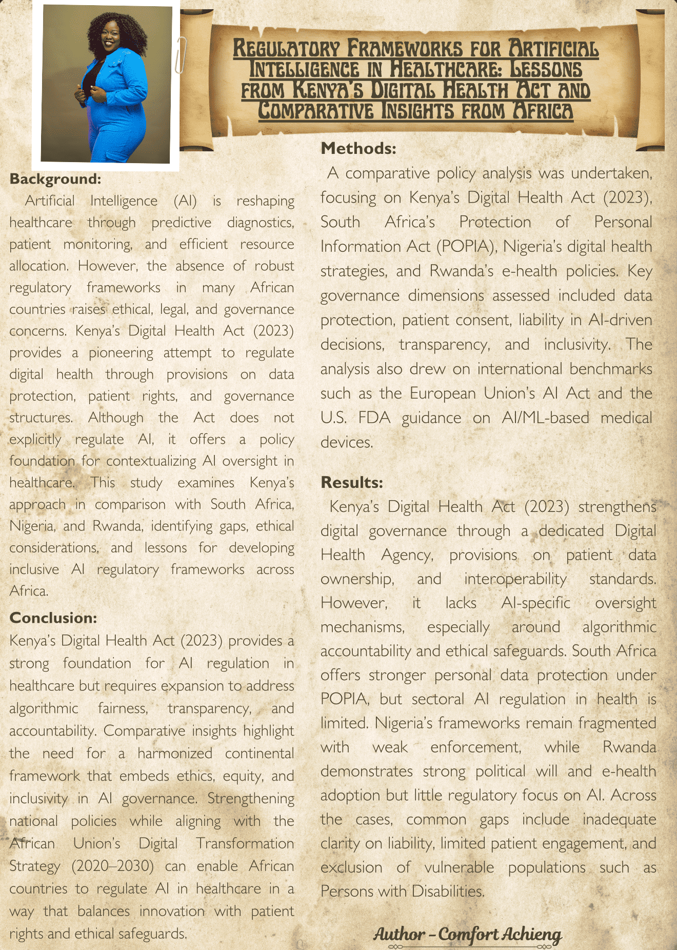 Poster preview for Regulatory Frameworks for Artificial Intelligence in Healthcare: Lessons from Kenya’s Digital Health Act and Comparative Insights from Africa